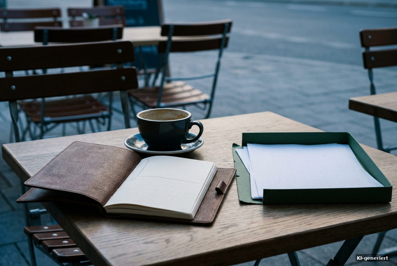 Schreibtisch im Morgenlicht mit Notizbuch, drei handgeschriebenen Fragen und einem Ordner mit unvollständigen Kostenangaben: Hilfsmittel für den richt