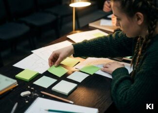 Junge Frau mit geflochtenen Haaren ordnet in einem Seminarraum Haftnotizen zu Projektabhängigkeiten zwischen Abteilungen, laterale Führung sichtbar ge
