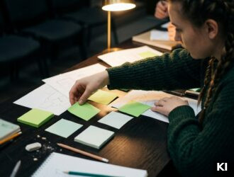 Junge Frau mit geflochtenen Haaren ordnet in einem Seminarraum Haftnotizen zu Projektabhängigkeiten zwischen Abteilungen, laterale Führung sichtbar ge